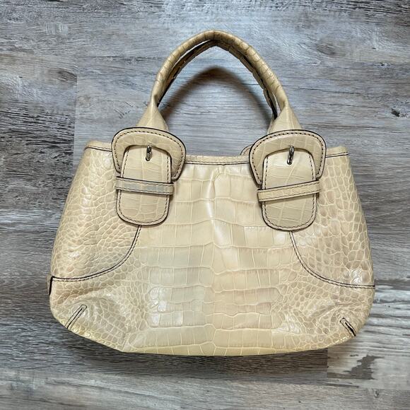 Cole Haan Faux Croc Embossed Cream Leather Satchel Purse Buckle Detail Handbag - Picture 1 of 6